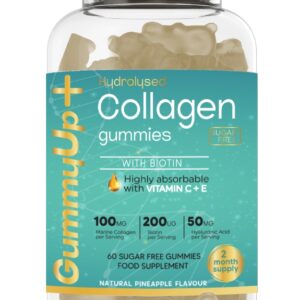 High Strength Sugar Free Hydrolysed Collagen Gummies | Biotin 200ug | Hyaluronic Acid 50mg | Marine Collagen 100mg with Vitamin C+E | Natural Flavoured Gummies by Gummyup+