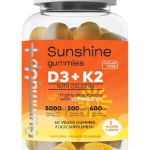 Vitamin D3+K2+Calcium Gummies High Strength Sunshine Gummies | Vitamin D3(5000ui) K2(200mcg) with Calcium 600mg | Natural Orange Flavoured Sugar Free Vegetarian Gummies by Gummyup+